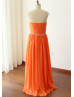 Sheer Neckline Coral Chiffon Hi Low Bridesmaid Dress